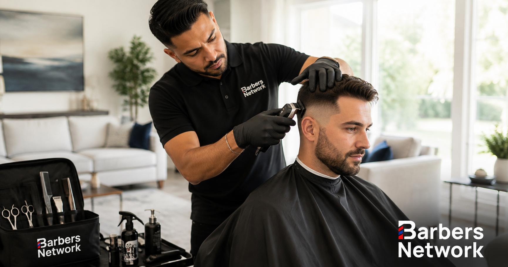 Mobile barber providing an in-home haircut and fade for a male client