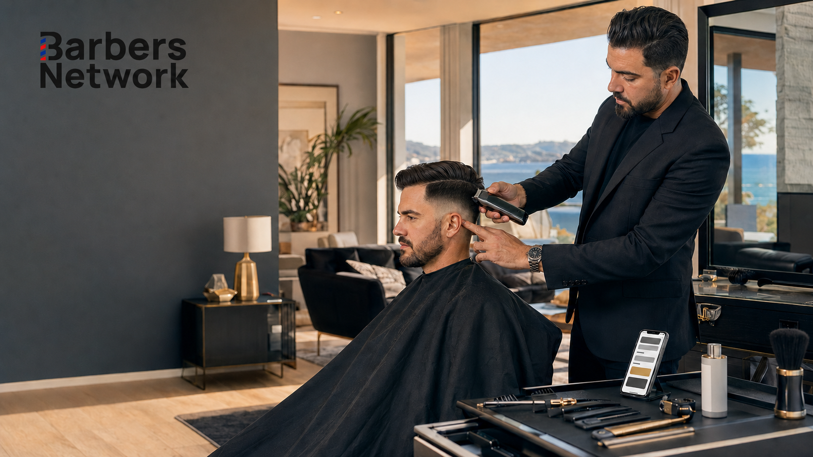 Barbers Network mobile barber giving a modern haircut in a client’s home using professional tools and booking technology.