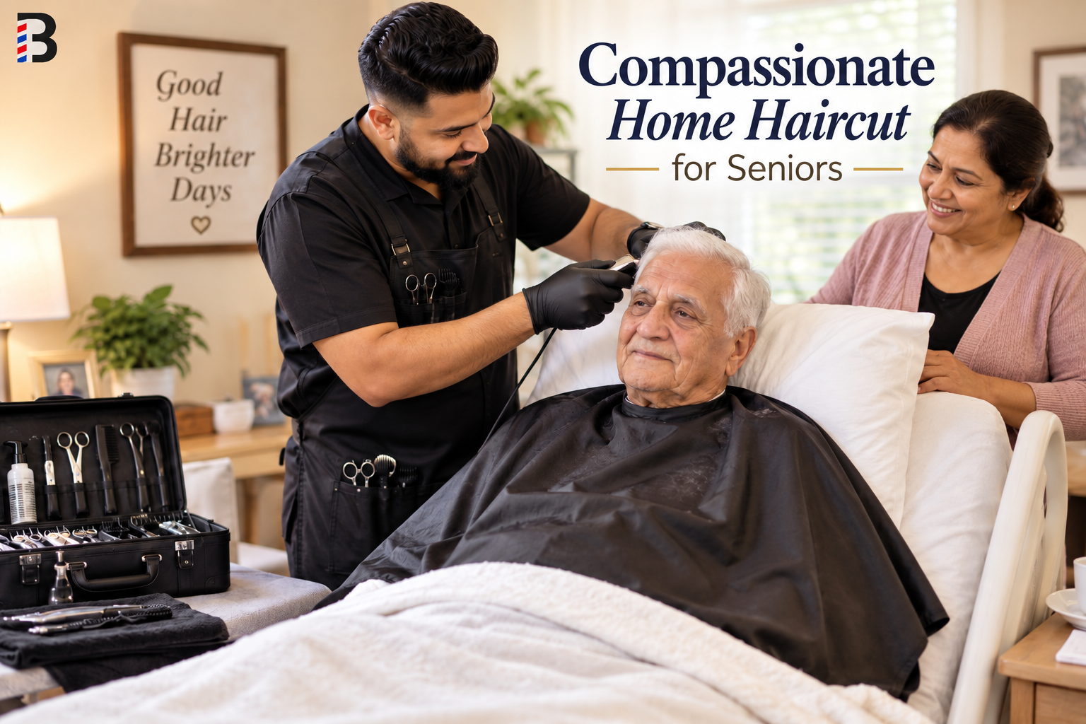 Professional mobile barber providing a compassionate home haircut for an elderly senior resting upright in bed while a caregiver assists nearby.
